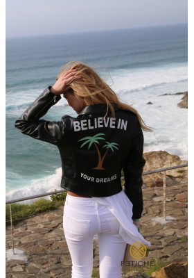 LEATHER JACKET WITH BACK MESSAGE